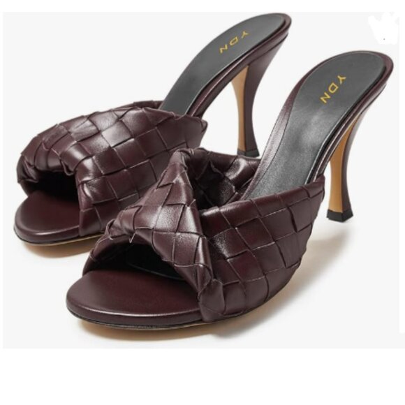YDN Maroon Open Toe Checkered Pretty Mules High Spool Heels Slide Sandals - Picture 1 of 8